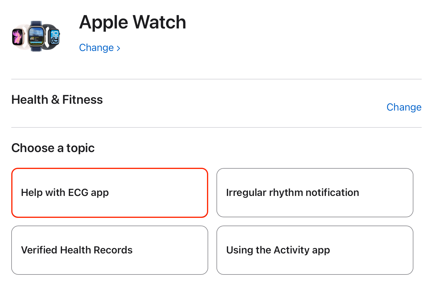 Apple 支持网站：先选择 Apple Watch，再选择“健康与健身”，随后出现的“选择一个主题”页面中高亮显示了“心电图 App 帮助”