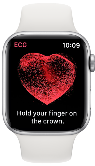 The Apple Watch ECG app open, showing a red particle heart and the instruction to hold your finger on the crown