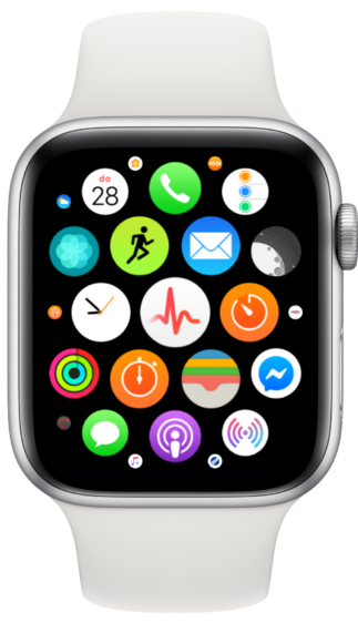 An Apple Watch home screen with the ECG app icon, a red heartbeat with a waveform, in the center